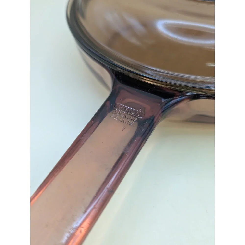 Vtg Corning Ware Visions Amber 7 Inch Frying Pan Waffle Bottom & Pyrex Lid V1.5C